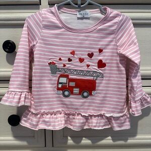 Abby & Evie Pink Striped Long Sleeve Tee with Fire Truck